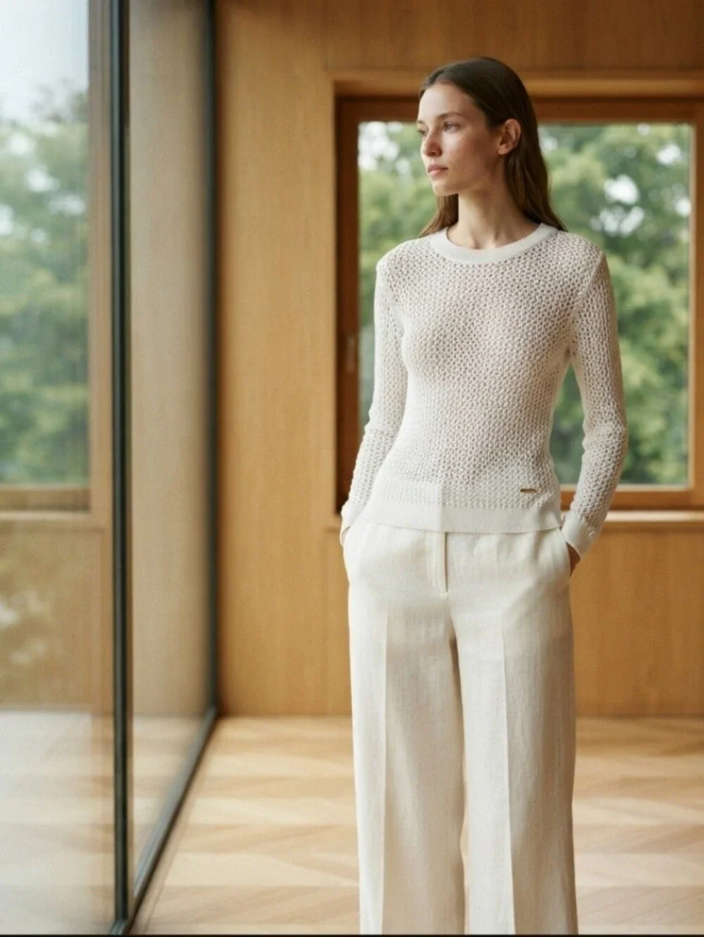 Michael Michael Kors White Open-Knit Crewneck Sweater Size XS